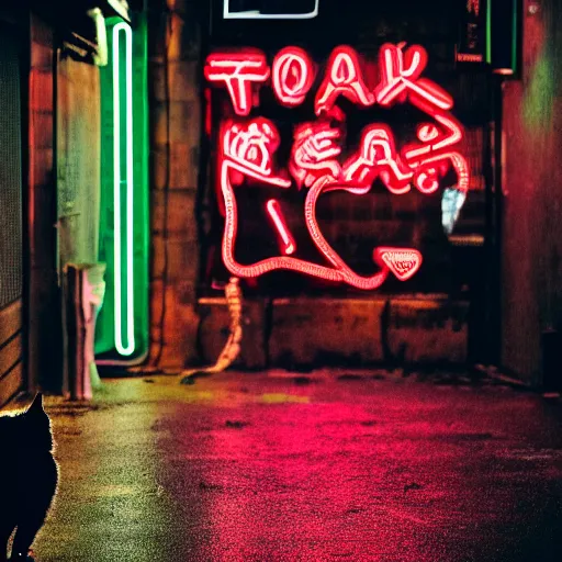 Image similar to portrait of a cat next to a neon sign in a tokyo alley at night, raining, photography