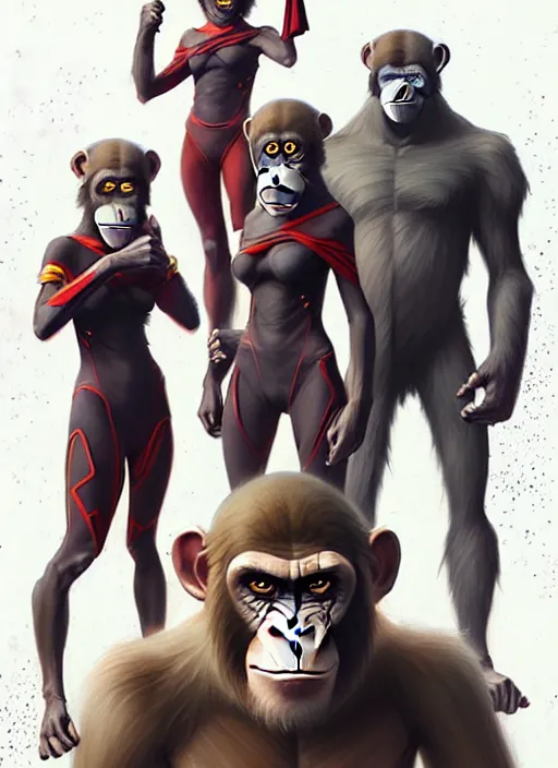 Image similar to a group of anthropomorphic ape kids in super hero costumes ready for battle, perfect face anatomy, intricate, elegant, highly detailed, artstation, art by artgerm, art by greg rutkowski, anime, stylish, cyberpunk, concept art, smooth, sharp focus, wlop