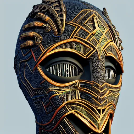 Image similar to african tribal mask in wakandan style cyberpunk, ultra realistic, concept art, intricate details, eerie, horror, highly detailed, photorealistic, octane render, 8 k, unreal engine. art by artgerm and greg rutkowski and alphonse mucha