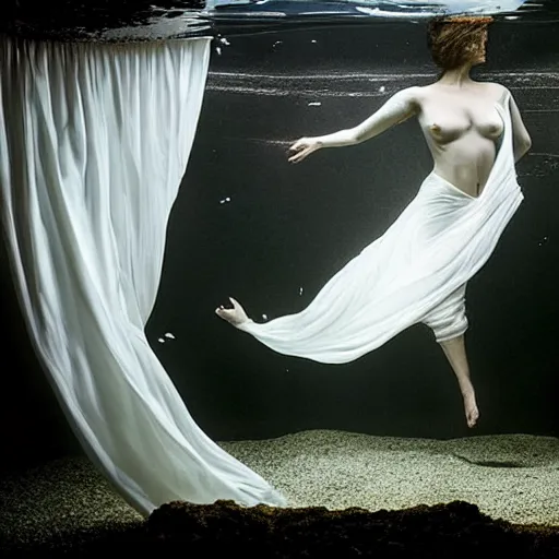 Image similar to portrait photo by mort kunstler and annie leibovitz and monia merlo, a woman completely covered in a sheer flowing long white sheet floating in the center of an aquarium, backlit, 4 d, 4 k, volumetric lighting, photorealistic, light ray, hyperdetailed