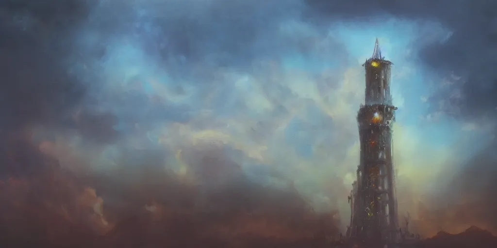 Image similar to a painting of a tower on the edge of forever, fantasy, hyper realistic, dramatic lighting, cinematic, 35mm lens, 2k,