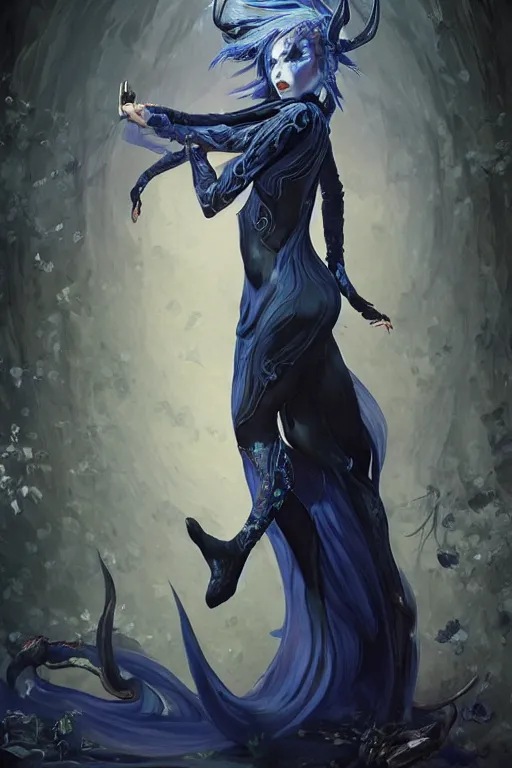 Image similar to fullbody!! dynamic action pose, beautiful woman with blue hair, antlers on her head, long flowing intricate black dress, dnd, face, fantasy, intricate, elegant, highly detailed, digital painting, artstation, concept art, smooth, sharp focus, illustration, art by artgerm and greg rutkowski and alphonse mucha