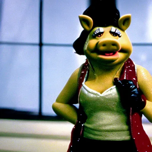 Image similar to movie still of miss piggy starring as trinity in the matrix movie