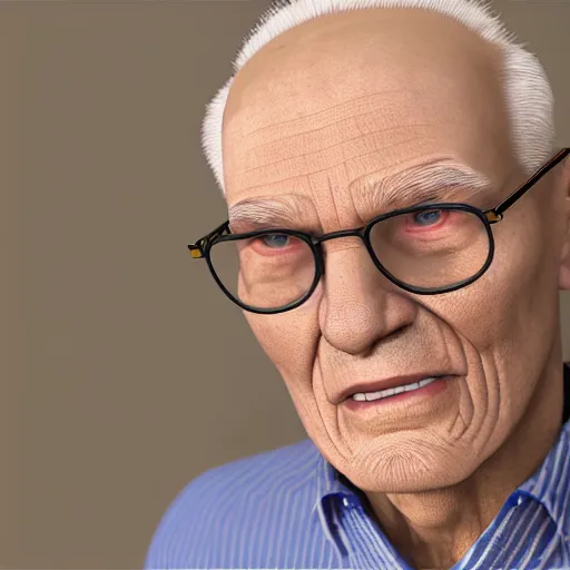 Prompt: Render of a 99 year old man named James Randal from New York, no beard, balding, square rimmed glasses, off-white button up shirt. Hyperdetailed, Medium shot, mid-shot, Unreal Engine, 4k,