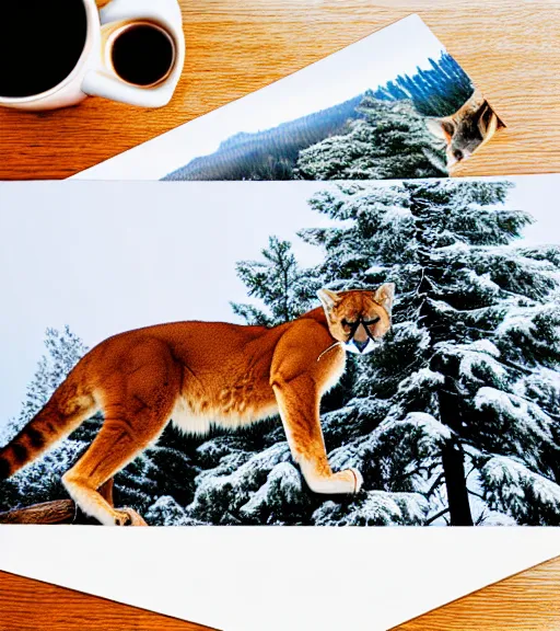 Image similar to torn up postcard showing 'a cougar sleeping in the middle of snowy pine tree' laying on coffee table, zoomed out shot, HD, iphone capture