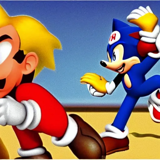 Image similar to 1940s disney film about super mario and sonic the hedgehog