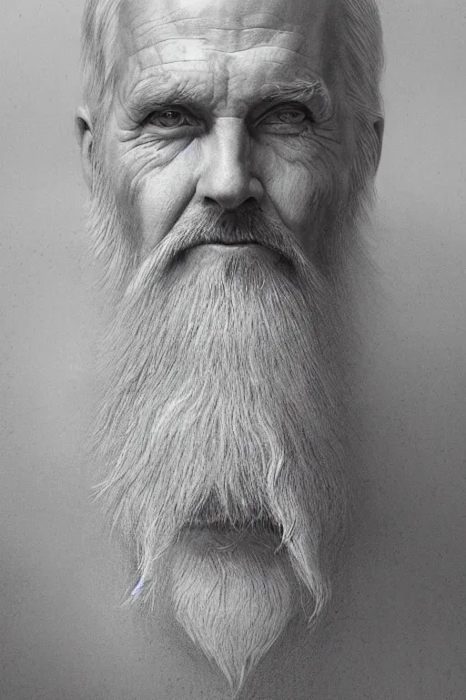 Image similar to a stunning ultra realistic pencil drawing of a content old man with a long gray beard, peaceful and graceful, by dirk dzimirsky and tom bagshaw, studio portrait, pencil and charcoal, melancholic, catchlight in the eyes, 4K