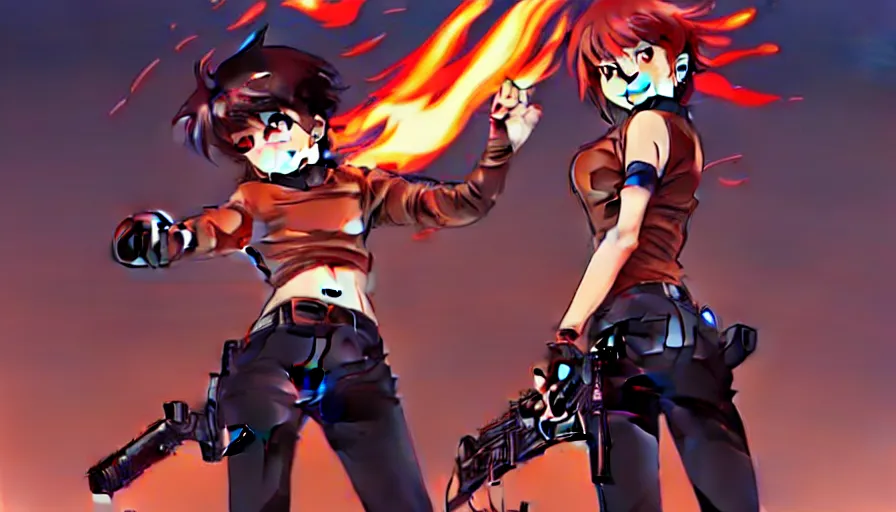 Image similar to makoto shinkai, artgerm, ilya kuvshinov, steampunk beautiful anime woman, red shirt brown pants, black and red hair hair, symmetrical face, symmetrical eyes, second anime woman with orange hair and black pants, action scene, shooting fire war, detailed, summer setting, cinematic lighting