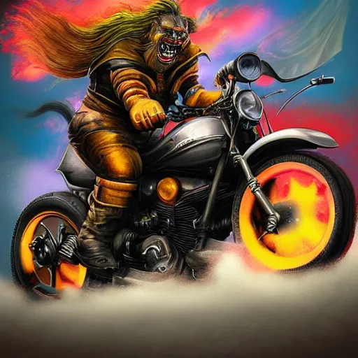 Image similar to colorful airbrush artwork, motorcycle, stylized action shot of an orc biker riding a motorcycle, drifting, skidding, wheelie, clear focused details, soft airbrushed artwork, black background, cgsociety, artstation