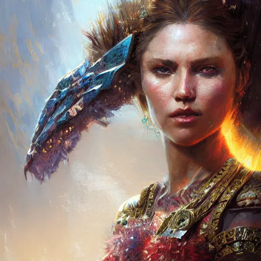 Prompt: a fiercey warrior princess in scale mail, fantasy character portrait by greg rutkowski, gaston bussiere, craig mullins