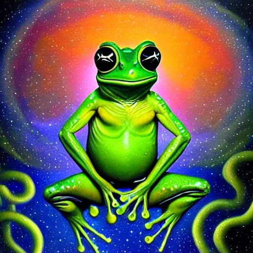 Image similar to the frog in the galactic nebular astral realm sacred journey in oil painting, trending on artstation, award winning, emotional, highly detailed surrealist art