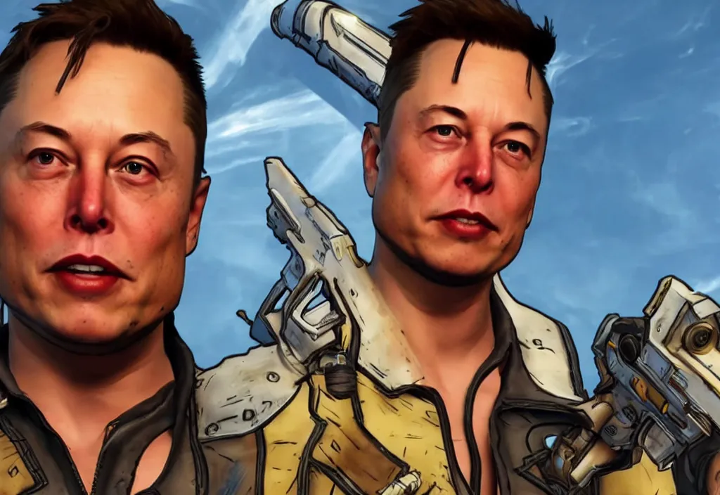 Image similar to elon musk in borderlands elon musk in the video game borderlands, gameplay screenshot, close up, 3 d rendering. unreal engine. amazing likeness. very detailed.