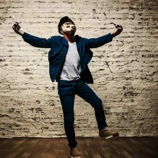 Prompt: a man boisterously dancing around the room by himself holding an empty bottle jumps in the air, dramatic lighting, award-winning photo UHD, 4K