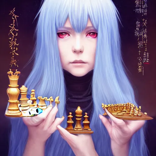 Prompt: rimuru tempest from tensura playing chess, with amber eyes of golden colored eyes, straight hair, sky blue hair, long bangs, high collar, concept art, award winning photography, digital painting, cinematic, wlop, 8 k, by ross tran, tom bagshaw, andy warhol