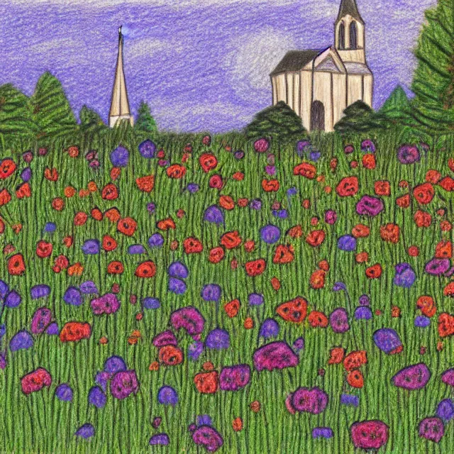 Image similar to graveyard with a church in a forest flower meadow landscape, colored pencil drawing