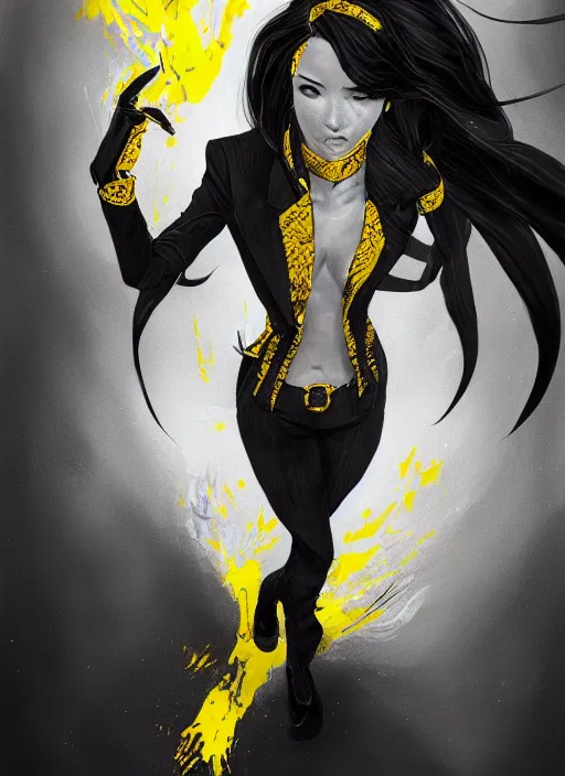 Image similar to a highly detailed illustration of meisa kuroki wearing black suit and tie with coattails, yellow eyes, dramatic pose, intricate, elegant, highly detailed, centered, digital painting, artstation, concept art, smooth, sharp focus, league of legends concept art, wlop.