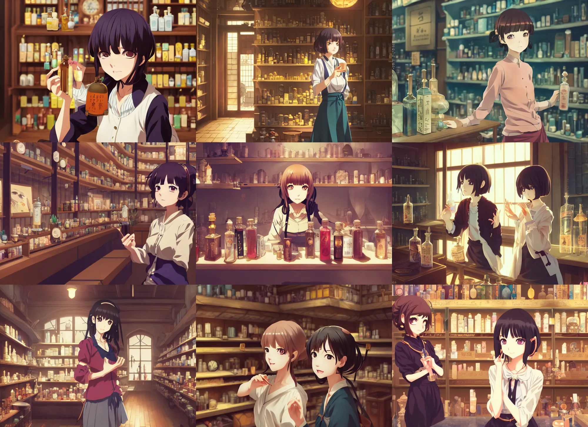 Prompt: anime visual, portrait of a young female traveler in a alchemist's potion shop interior shopping, cute face by ilya kuvshinov, yoshinari yoh, makoto shinkai, katsura masakazu, moody, dynamic perspective pose, d, detailed facial features, cel shade