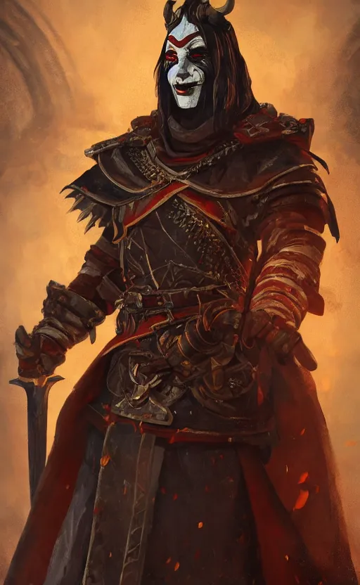 Image similar to an oil art portrait of young handsome pale roma, grim dark jester from gwent cards, gipsy blood mage with great sword character design from inquisition, 4 k, ultra detail, volumetric lighting, unreal engine, octane render