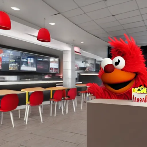 Image similar to a still of elmo in a mcdonalds, award - winning, photograph, 3 d render, unreal engine, 4 k detailed