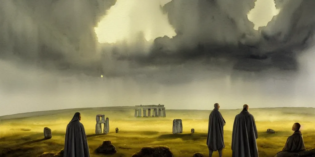 Prompt: a hyperrealist watercolor concept art of a giant ufo in the sky above stonehenge during a thunderstorm. a medieval monk in grey robes is in the foreground. golden hour. very muted colors, by rebecca guay, michael kaluta, charles vess. high detail, hq, wide shot, 4 k