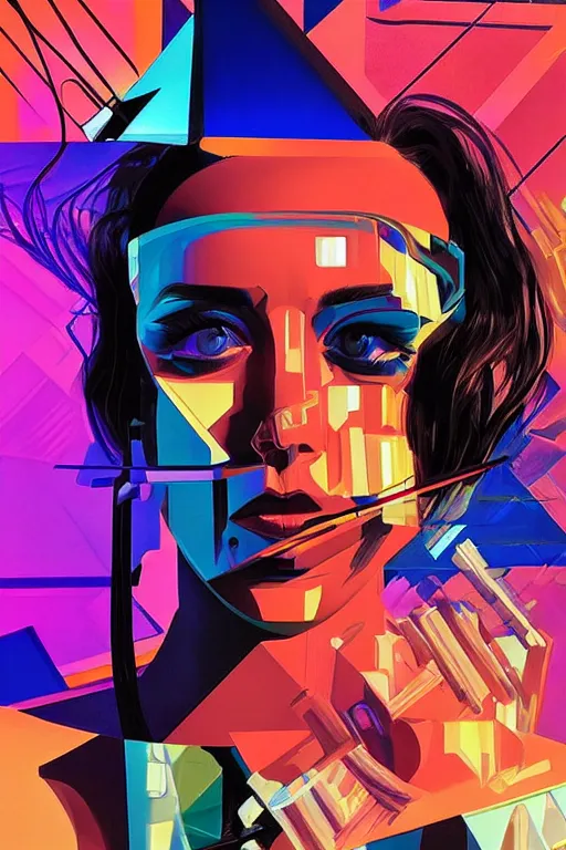 Prompt: wideangle portrait, digital painting, an beautiful, crazy hacker girl, madness, decoherence, synthwave, glitch!!, fractured reality, refraction, realistic, hyperdetailed, concept art, art by syd mead, cubism