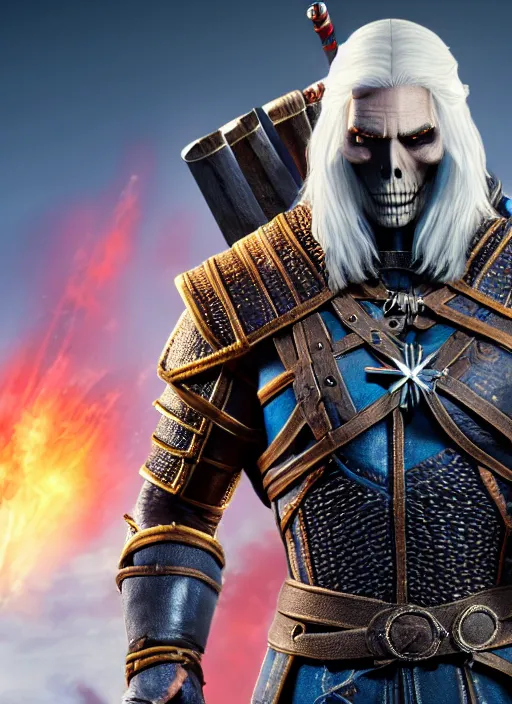 Prompt: movie still of skeletor as geralt in the witcher 3, gameplay, 8 k, hd