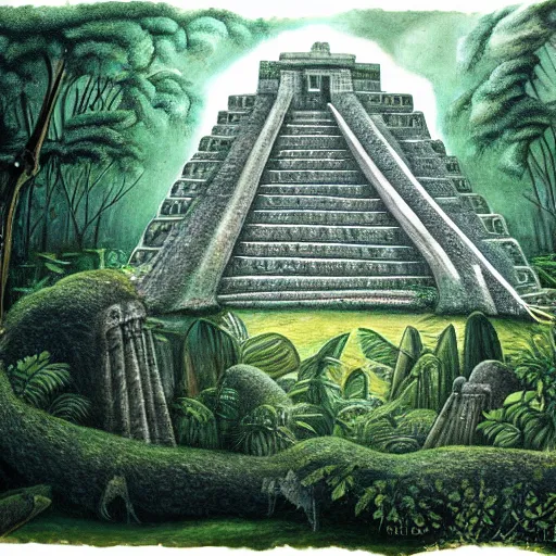 Image similar to mayan ruins in the middle of an overgrown jungle, in the style of remedios varo, photorealistic