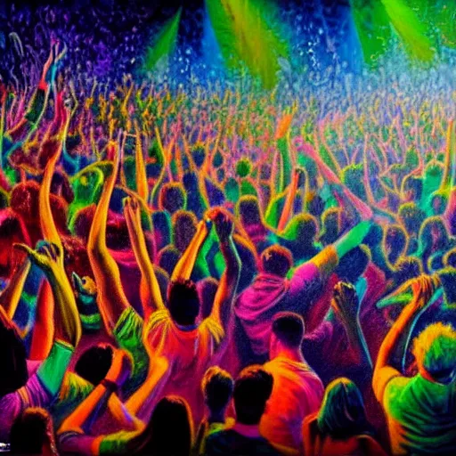 Prompt: the messiest rave you've ever been to, hyper detailed photorealistic oil painting of a large group of people dancing at a rave