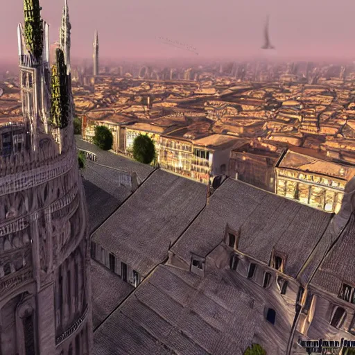 Prompt: the city of Milano fused with the golden city of Anor Londo