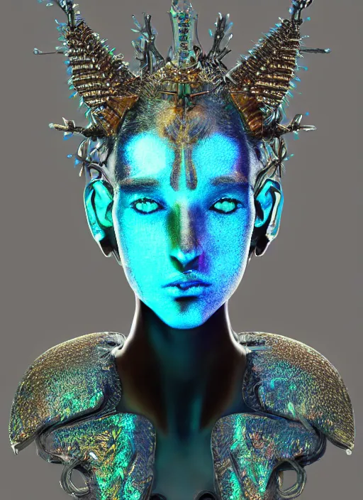 Prompt: a hybrid humanoid androgyne muse with recursive horned wing crown attached to side of head, concept art, alien-like, sculpted iridescent optical mineralogy features, intricate detail, holographic, pixel sorting, style by James Jean, circuitry, organic detail, asymmetry, cinematic, epic wide shot, ultra detailed, artstation, sharp focus,smooth, cinematic lighting, cinematic detail, composition, photorealistic, render in unreal engine 5, golden ratio, 8k render