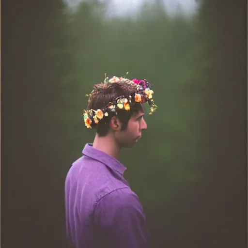 Image similar to kodak portra 4 0 0 photograph of a skinny guy standing in field of dead trees, flower crown, back view, moody lighting, moody vibe, telephoto, 9 0 s vibe, blurry background, vaporwave colors, faded!,