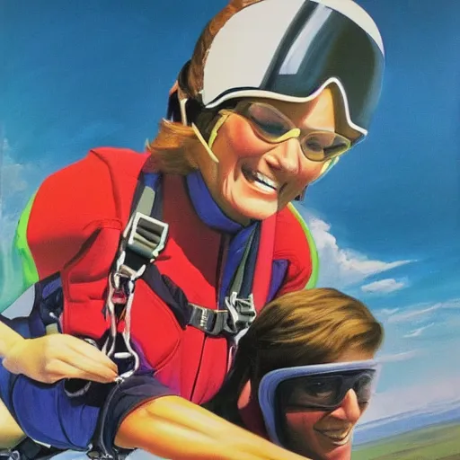 Prompt: painting of martha Stewart skydiving enthusiastically