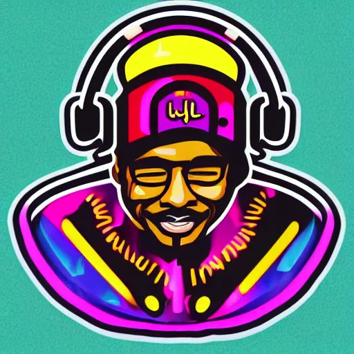 Image similar to svg sticker of a Dancing-Ben-Harper-Snoop-Spike-Lee-with-a-large-Afro-Puff, at a rave, spinning records, giant headphones rocking out, wearing headphones, huge speakers, dancing, rave, DJ, spinning records, digital art, amazing composition, rule-of-thirds, award-winning, trending on artstation, featured on deviantart