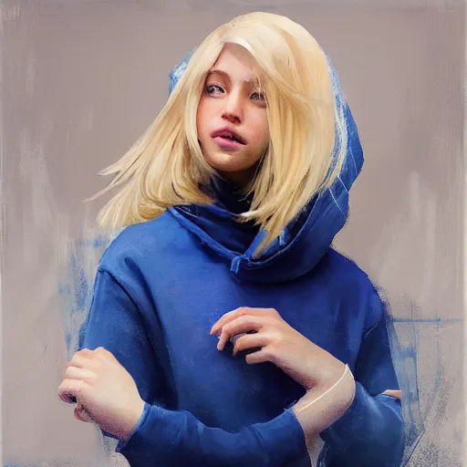 Image similar to greg manchess portrait of a beautiful girl with blonde hair, wearing a blue hoodie, medium shot, white background, asymmetrical, profile picture, organic painting, matte painting, bold shapes, hard edges, street art, trending on artstation, by huang guangjian and gil elvgren and sachin teng and wlop and rossdraws and greg rutkowski