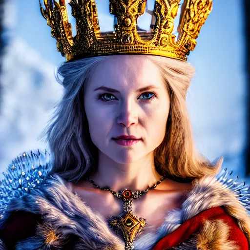 Prompt: photo of a beautiful nordic queen with ornate crown and robes, highly detailed, 4k, HDR,