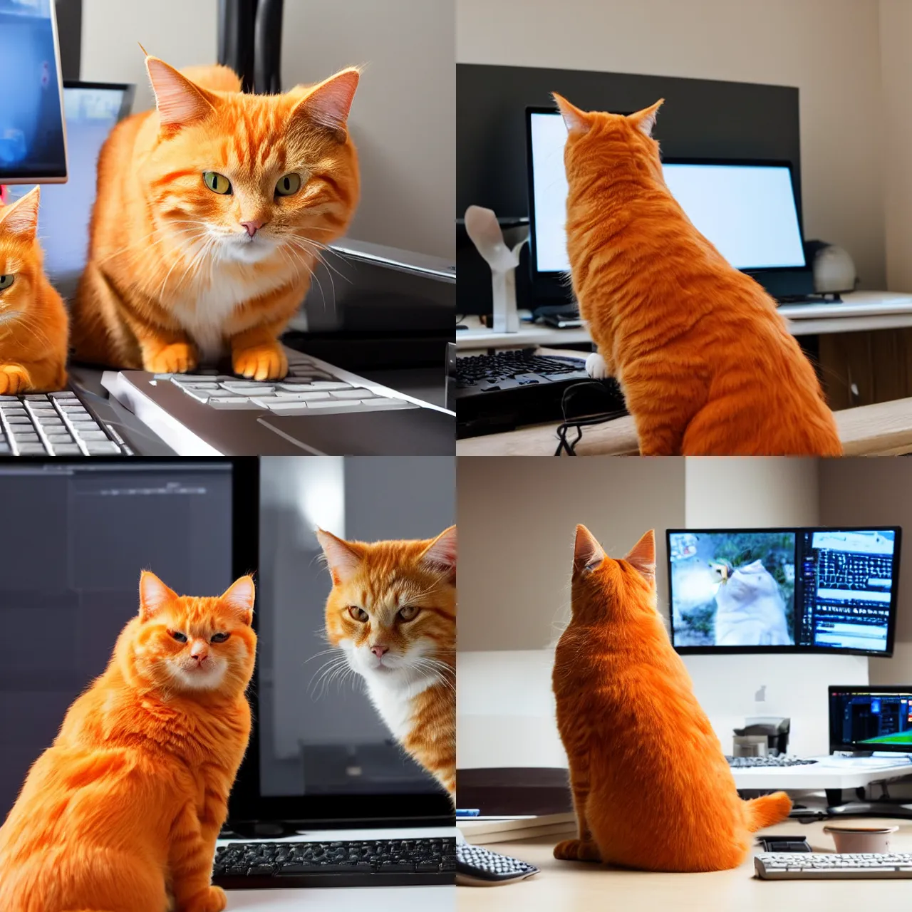Prompt: a fluffy orange tabby cat is sitting next to a keyboard and mouse. the cat is blocking the view of a computer monitor.