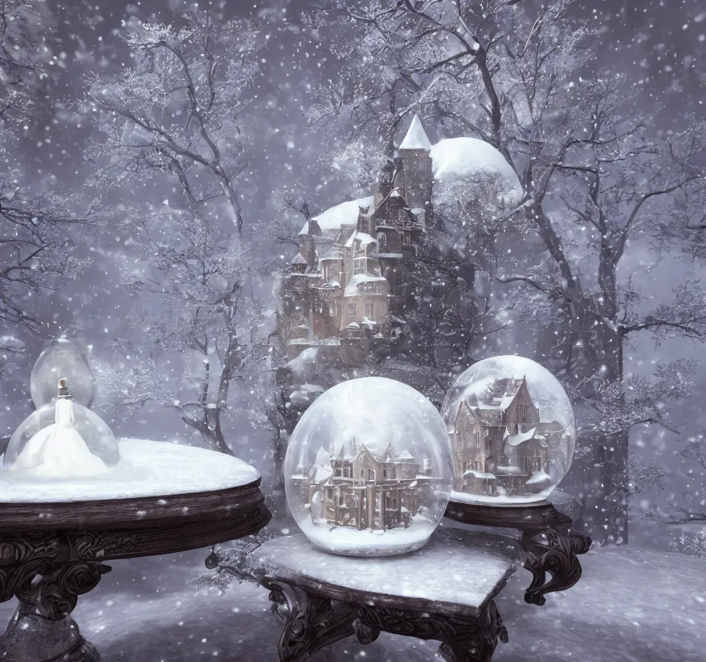 Image similar to a snow globe on a table with a goth castle inside, cgsociety, snow, dreamy, volumetric light, 3 d render, artstation, hyperdetailed, dramatic, epic painting, 8 k, sharpness