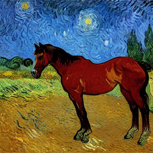 Prompt: a painting of a horse, by vincent van gogh claude monet