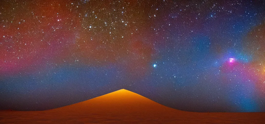 Prompt: beautiful night desert made of millions of detailed nebulas, glorious neon vortexes in the sand