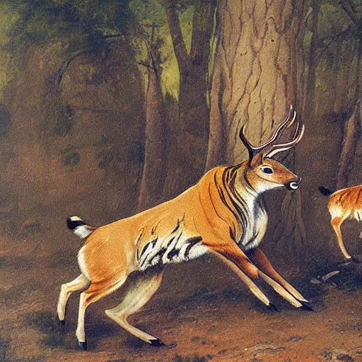 Image similar to a painting of deer and tiger facing each other, their heads bowed towards ground by koson ohara