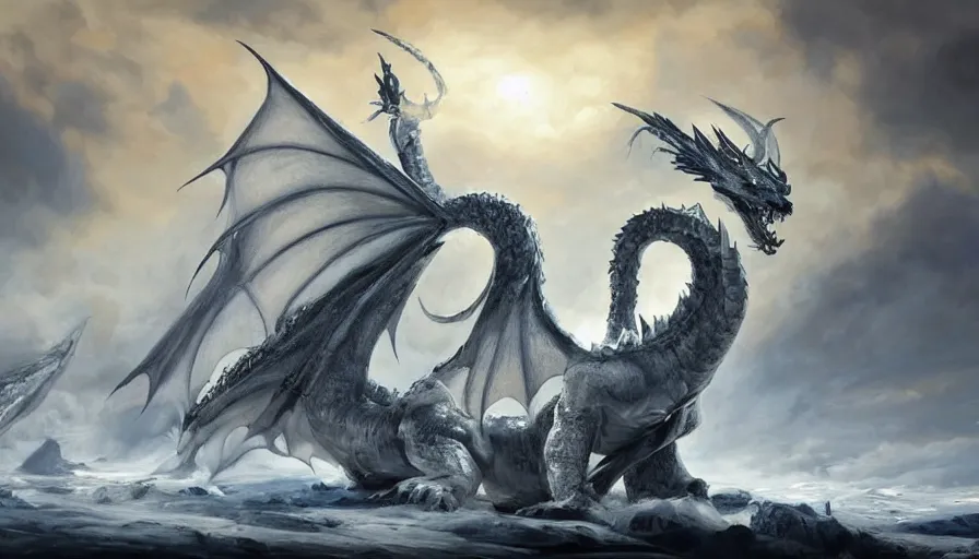 Prompt: epic ice dragon with trendy shapes in a nordic landscape under bright daylight with fluffy clouds, set in the words of the Forgotten Realms and Guildwars2, painted by Hans Fredrik Gude, Greg Rutkowksi and Artgerm, concept art 2022, ultra realistic masterpiece, contrasting details vs blank areas, oil on canvas