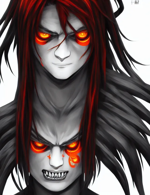 Image similar to a detailed manga portrait of a shadowy handsome demon boy with long crimson hair and glowing orange eyes and fangs, trending on artstation, digital art, 4 k resolution, detailed, high quality, sharp focus, hq artwork, coherent, insane detail, character portrait