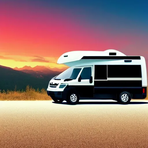 Image similar to minimal professional logo featuring a white and black cute thor chateau motorhome camper!, highway, mountains and sunset!!, happy, professional colorful simple logo