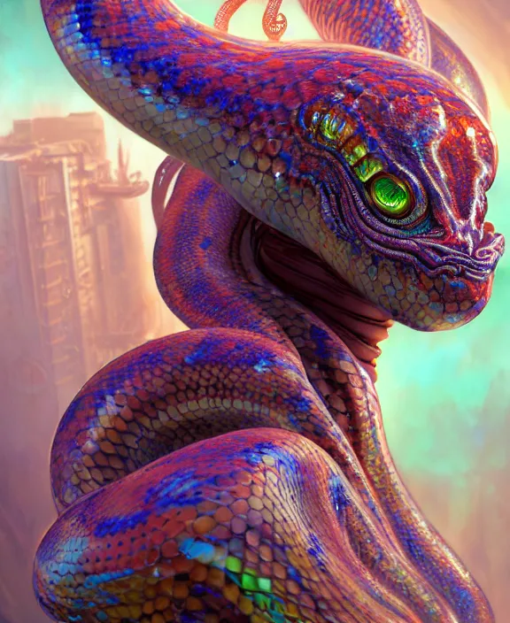 Prompt: intricate colorful transparent portrait of a terrifying beautiful alien snake creature, mottling coloring, adorable, childlike, medical equipment hospital environment, ultra realistic, concept art, art nouveau, photorealistic, octane render, 8 k, unreal engine. art by christopher marley and artgerm and greg rutkowski and alphonse mucha