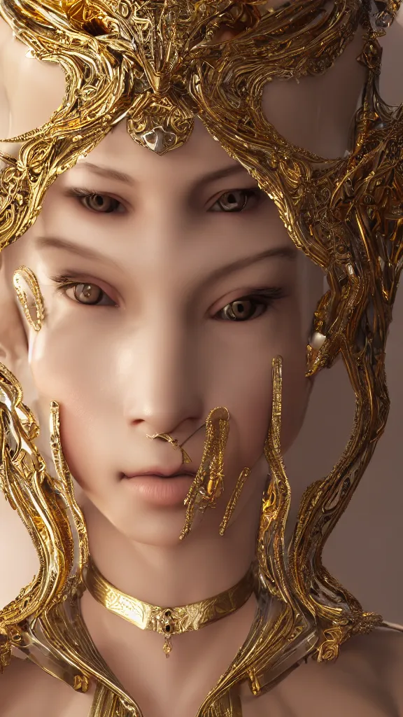 Image similar to ornate porcelain android woman doll, platinum jewellery, intricate gold trimmings, elegant, highly detailed, artstation, concept art, sharp focus, illustration, 3d total, unreal engine, vfx, octane render