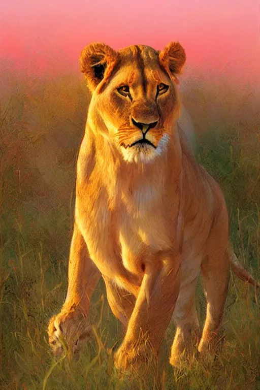 Image similar to spiritual twin flame lioness art pink sunset hue highly detailed oil painting hue by craig mullins