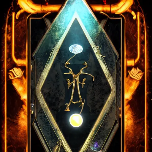 Prompt: Arcane Tarot, Fantasy, 2d Digital Art, steampunk, soft render, symmetrical centered, high quality 3D render, concept art, 4K, UHD, High quality mechanical, Badge, glow in the dark, ethereal, the void, ominous background, very detailed, stylized, trending on artstation