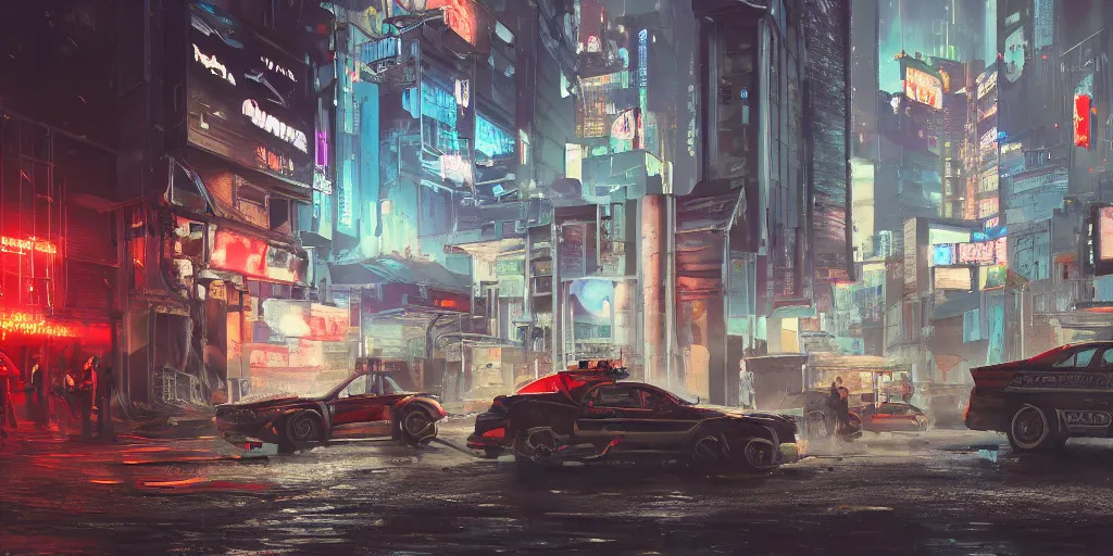 Prompt: a cyberpunk bank heist, background scene from the old city of babylon, concept art, ultra realistic, 8 k, painting, highly detailed, sci - ci, neon, rain, guns, firearms, robbery, a police car burning