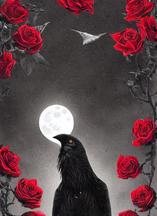 Prompt: portrait, A crow with red eyes in front of the full big moon, book cover, red roses, red white black colors, establishing shot, extremly high detail, foto realistic, cinematic lighting, pen and ink, intricate line drawings, by Yoshitaka Amano, Ruan Jia, Kentaro Miura, Artgerm, post processed, concept art, artstation, matte painting, style by eddie mendoza, raphael lacoste, alex ross