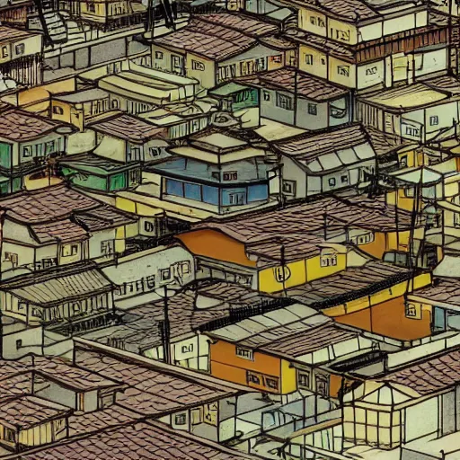 Prompt: japanese fishing town, japanese city, underground city, 2 0 0 1 anime, cel - shading, compact buildings, sepia sunshine